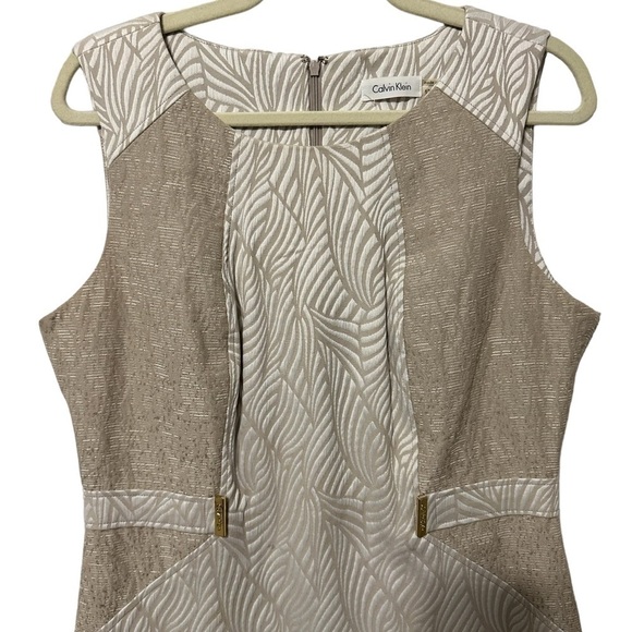 Calvin Klein Tan and Ivory Scuba Structured Sheath Dress Tropical Leaves Size 12 - Picture 5 of 12